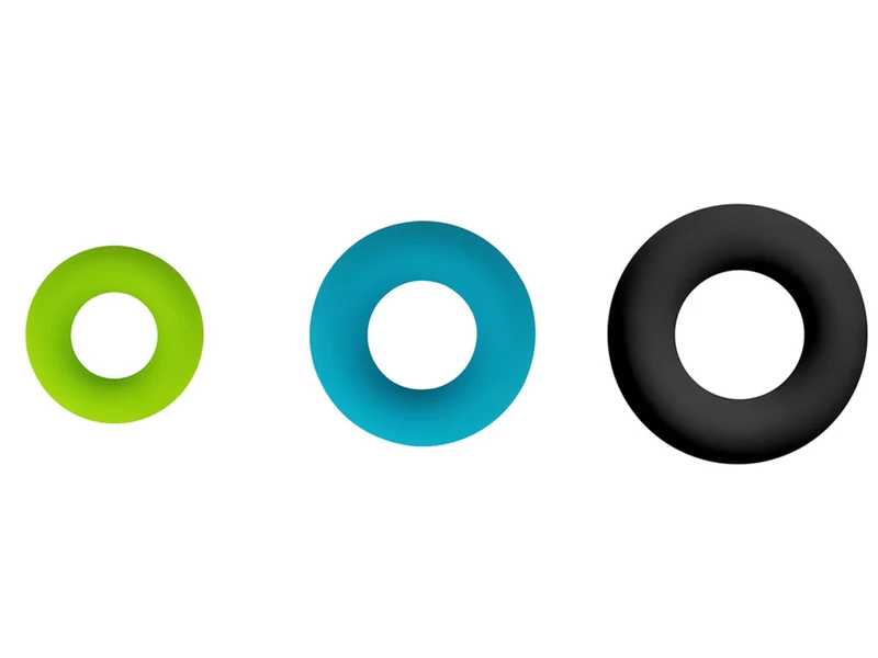Green, teal and black silicone grip exercise rings in different sizes